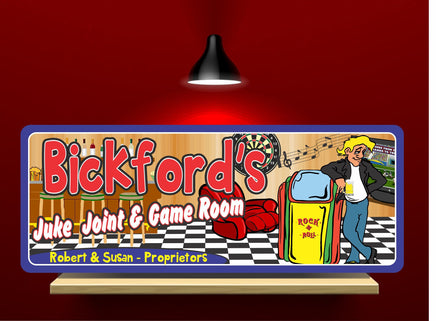 Customizable Retro Juke Joint & Game Room Sign featuring Jukebox, Recliner & Home Bar Décor