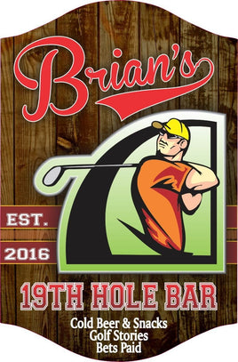Personalized 19th Hole Golf Sign with editable text, featuring a golfer and club. Perfect customizable decor for home bars and golf enthusiasts.
