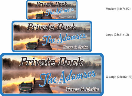 Personalized Lake Dock Sign featuring Rowboat & Dock Photographic Background