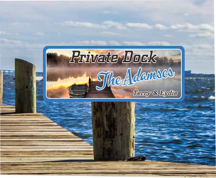Personalized Lake Dock Sign featuring Rowboat & Dock Photographic Background
