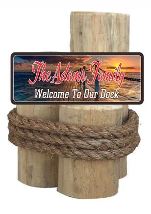 Image of Custom Boat Dock Sign with Photographic Sunset & Pier Background - Personalized Nautical Decor