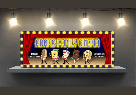 Personalized Movie Room Cinema Sign with Cartoon Snacks Design