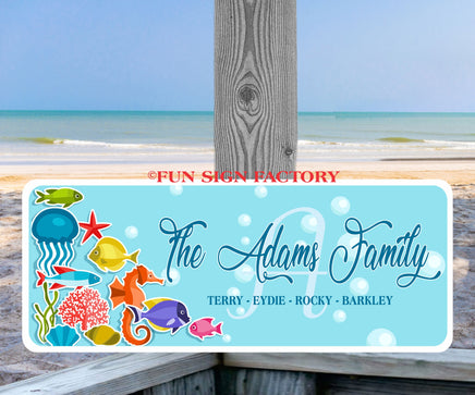 Custom Tropical Ocean Family Name Sign: Personalized Décor featuring vibrant ocean-themed design, perfect for adding character to your home