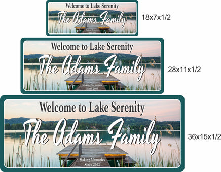 Image of Custom Lake Dock Sign with Scenic Lake and Mountain Background - Personalized Outdoor Décor - 4 sizes