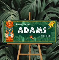 Tropical Personalized Tiki Bar Sign with Tiki Mask, Greenery & Bird of Paradise Flower - Exotic Outdoor Decor