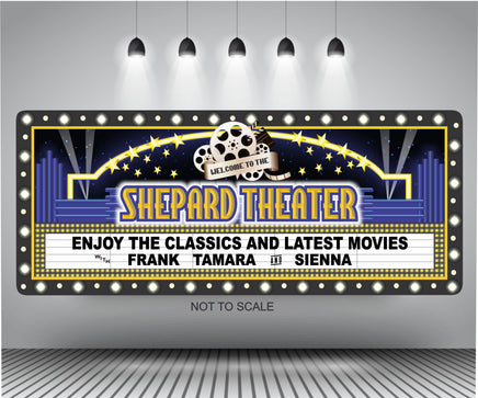Personalized Home Theater Sign with Movie Marquee Design of Stars and Flashbulbs