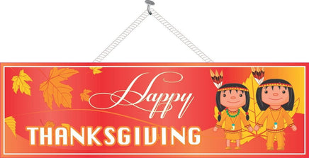 Red & Gold Thanksgiving Sign with Native American Kids 