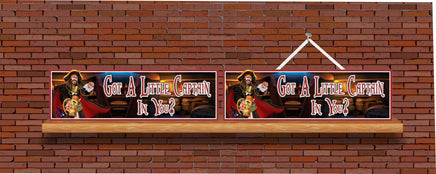 Got a Little Captain in You? Pirate Bar Sign with Rum Bottle, Ship Hull and Kegs