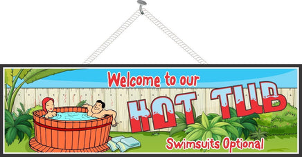 Swimsuits Optional Hot Tub Sign: A playful addition to your outdoor space, featuring a fun quote design for a relaxed atmosphere
