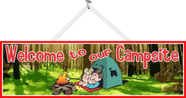 Camp Welcome Sign with Couple, Campfire & Tent