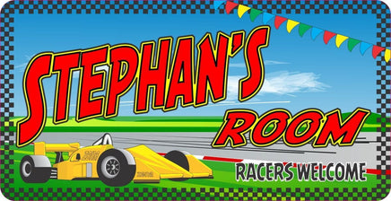 Yellow Car Kids Room Sign with Checkered Border