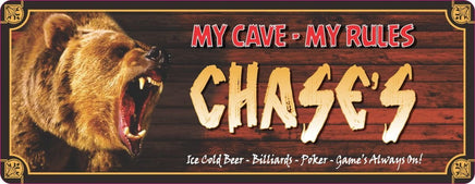 Image of Personalized Man Cave Rules Sign with Roaring Grizzly Bear on Wood Background