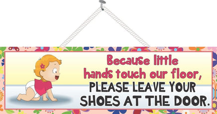 Remove Your Shoes Cute Baby Sign with Red Haired Toddler and Decorative Border