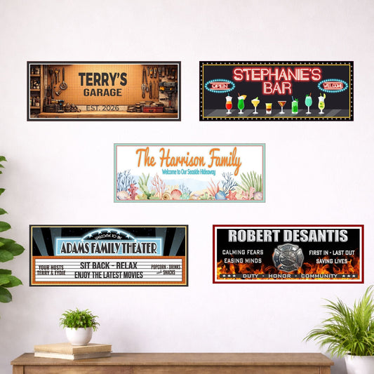 Collection of personalized signs including garage, bar, coastal, theater, and patriotic designs displayed on a wall