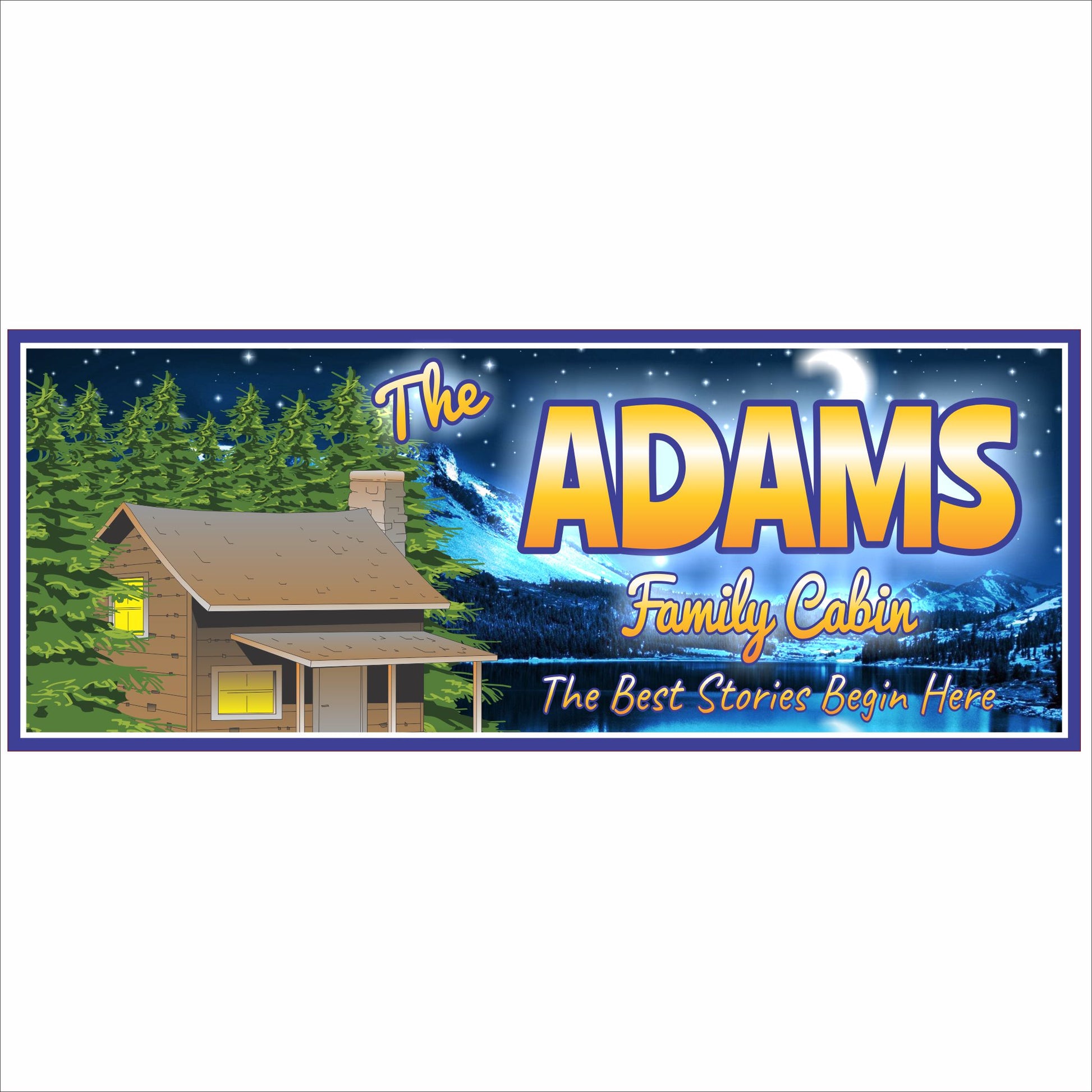 Personalized family cabin sign with mountain lake scene, pine trees, and cozy log cabin illustration