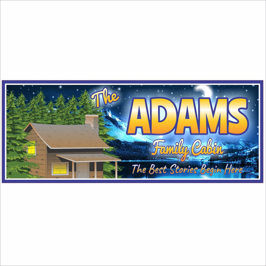 Personalized family cabin sign with mountain lake scene, pine trees, and cozy log cabin illustration