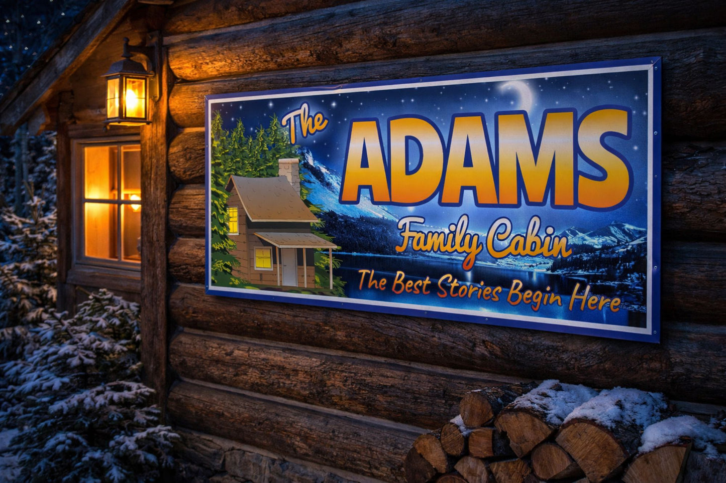 Large personalized family cabin sign mounted on the exterior wall of a log cabin at night