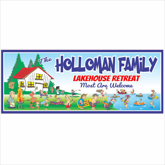 Personalized Lakehouse Retreat family sign with colorful lakeside cabin, dock, boats, swimmers, wildlife, and custom family name displayed on white background