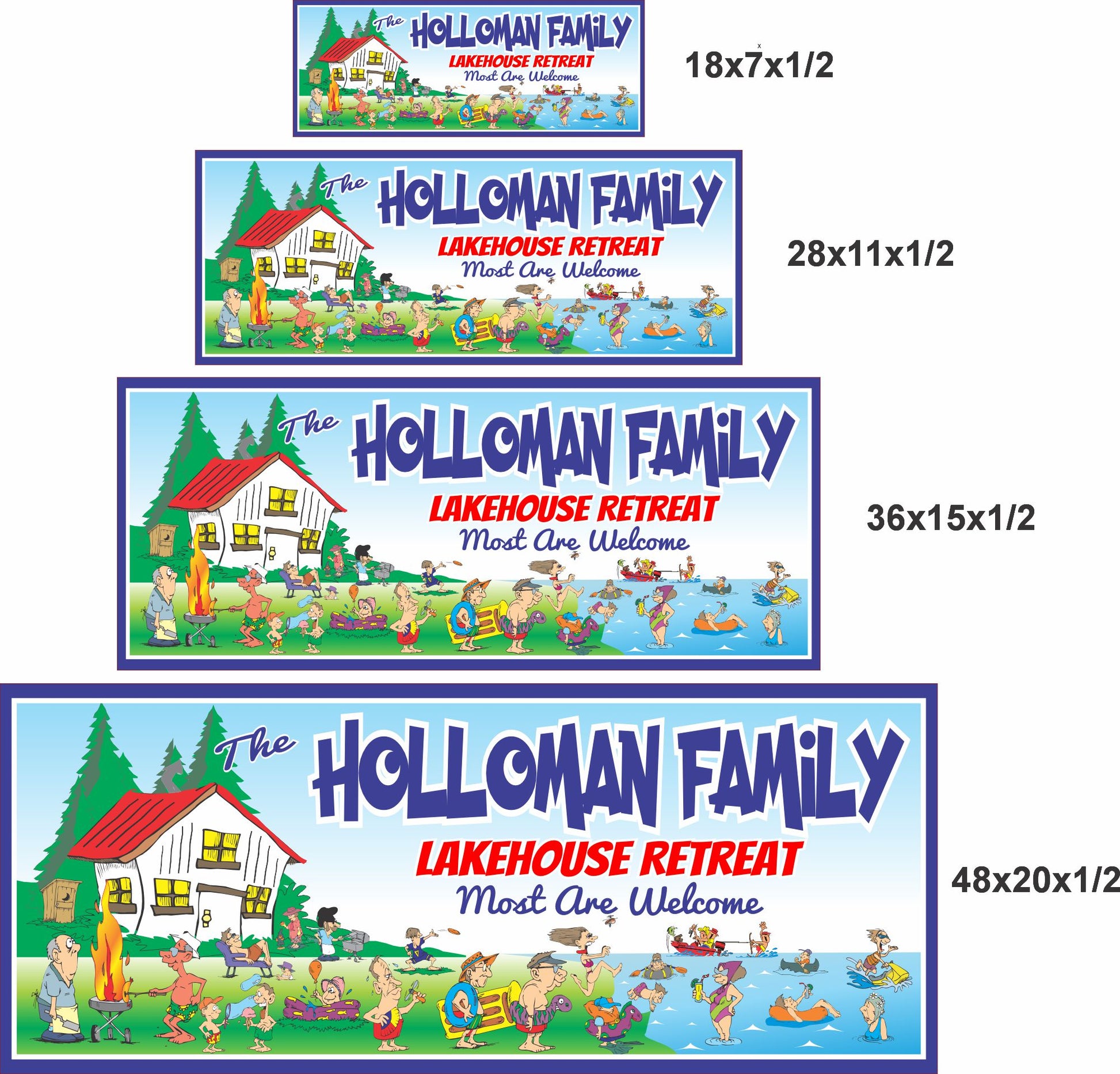 Lakehouse Retreat family sign size comparison showing 18x7, 28x11, 36x15, and 48x20 inch options