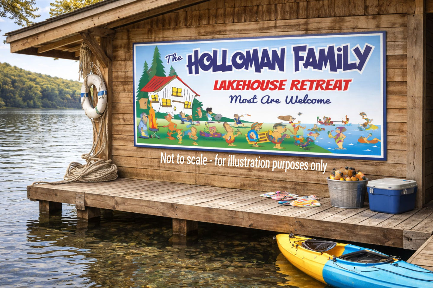 Personalized Lakehouse Retreat family sign mounted on wooden boathouse wall overlooking a lake with dock, kayak, and waterfront scenery