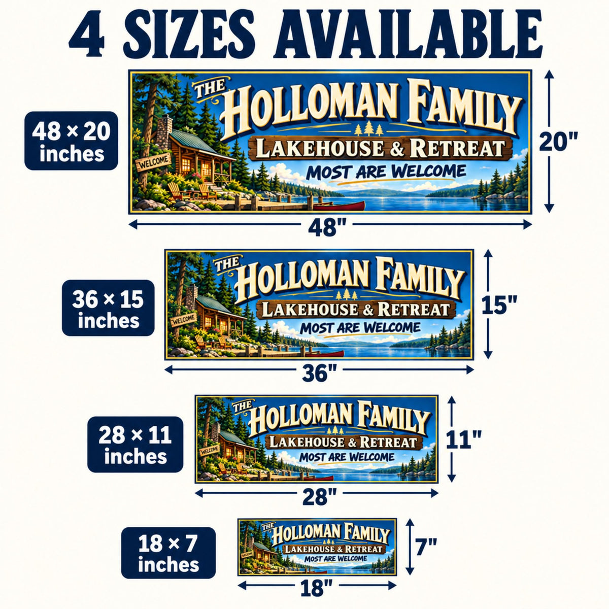 Lakehouse sign size comparison showing 48×20, 36×15, 28×11, and 18×7 inches with width and height arrows.