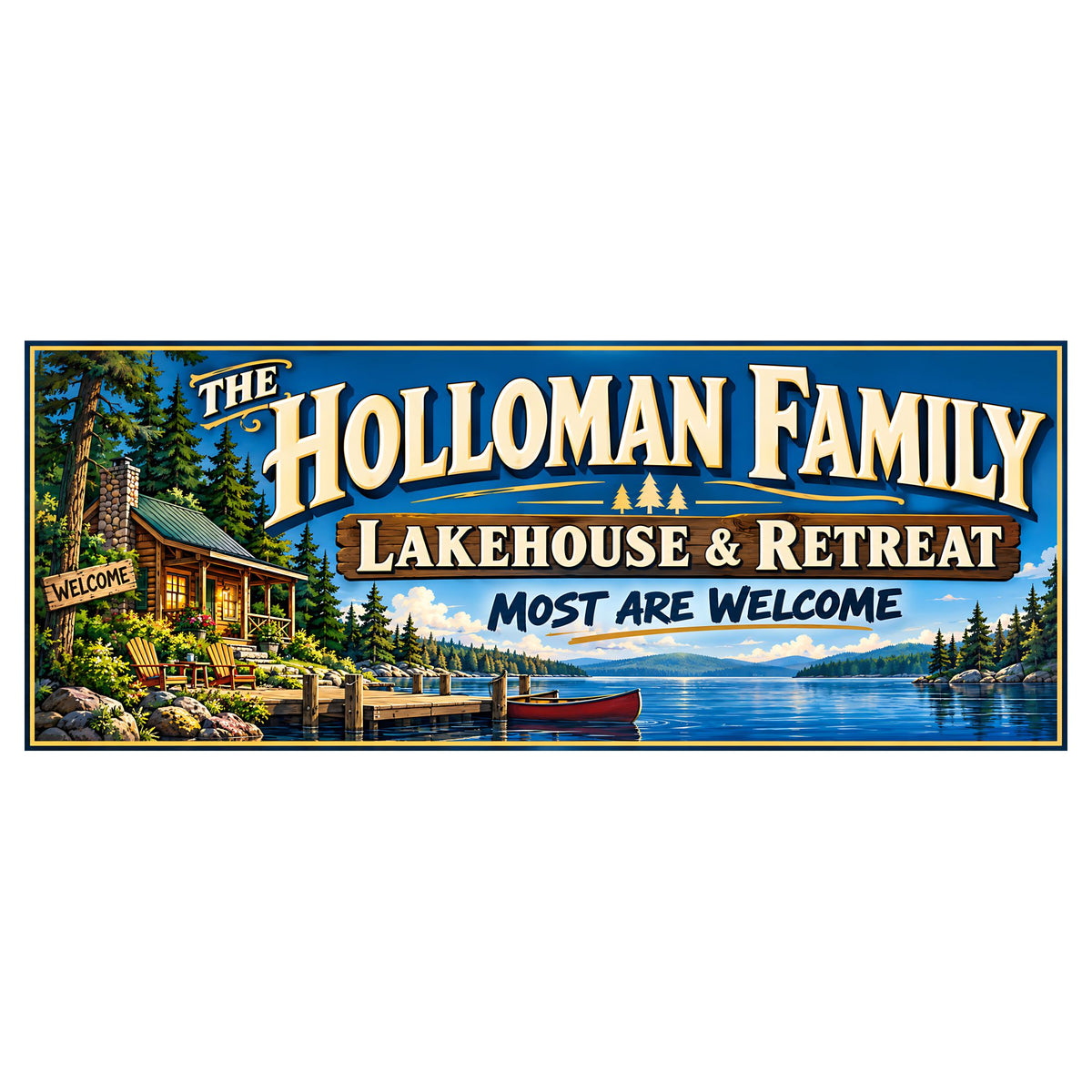 Personalized family lakehouse sign with lakeside cabin, pine trees, dock, red canoe, blue water, and cream-and-gold lettering.