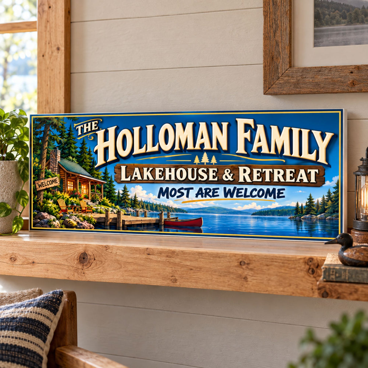 Personalized lakehouse sign displayed on a wooden shelf with a subtle white PVC edge visible.