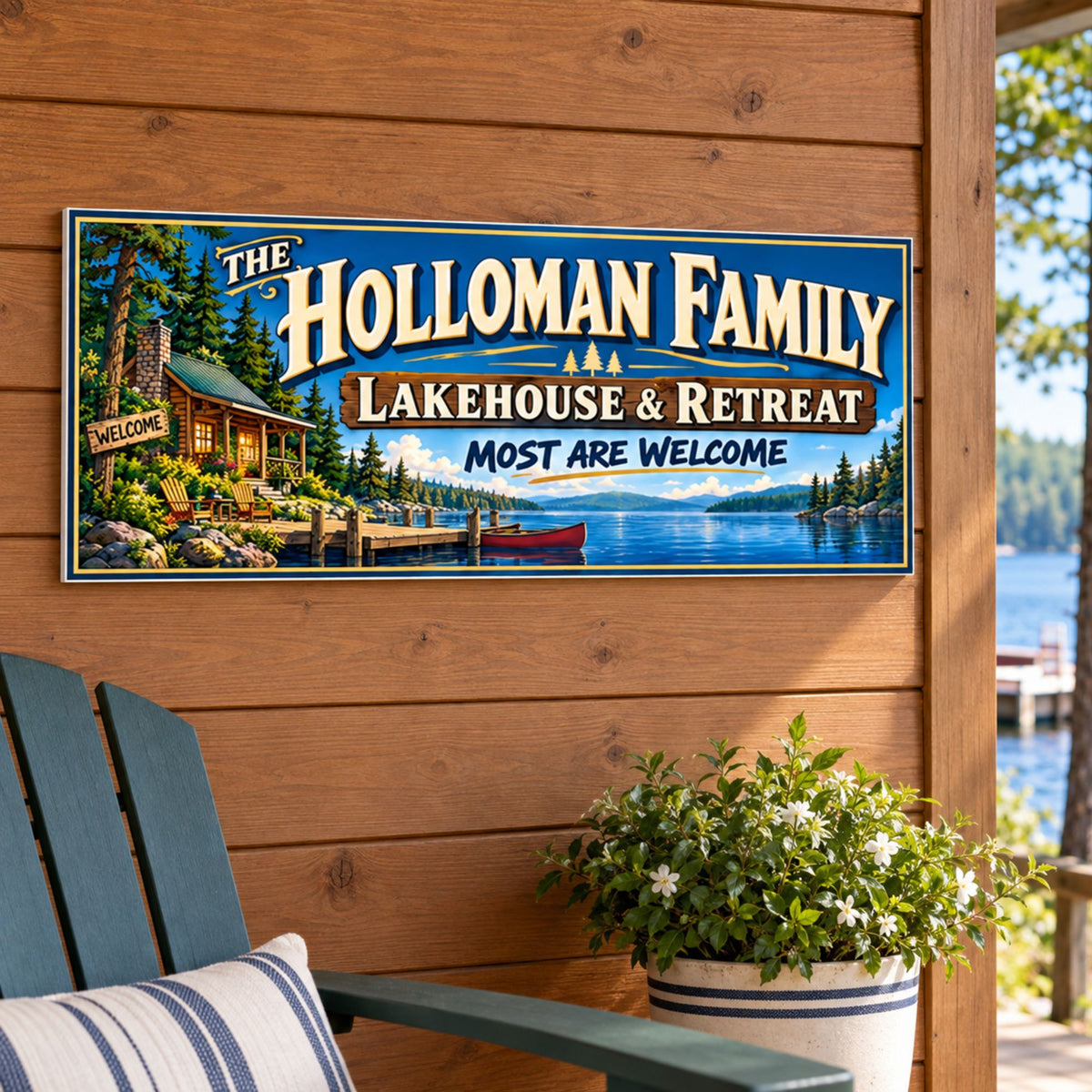 Custom family lakehouse sign mounted on a wood porch wall above a chair beside a potted plant.