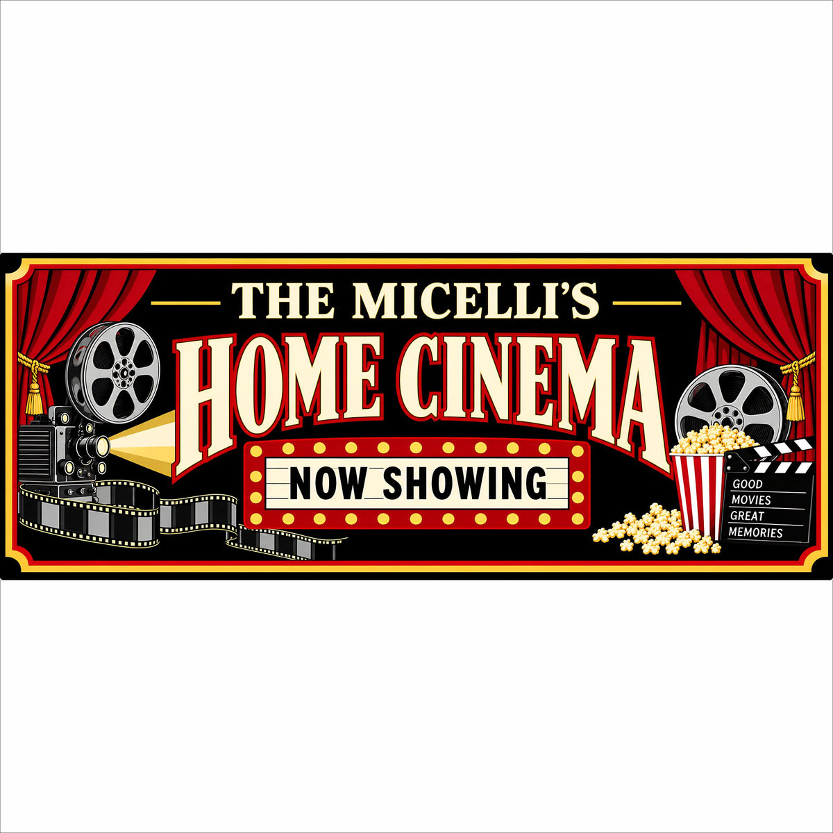 Personalized Home Cinema sign with red theater curtains, film reels, projector, popcorn and three customizable text lines.