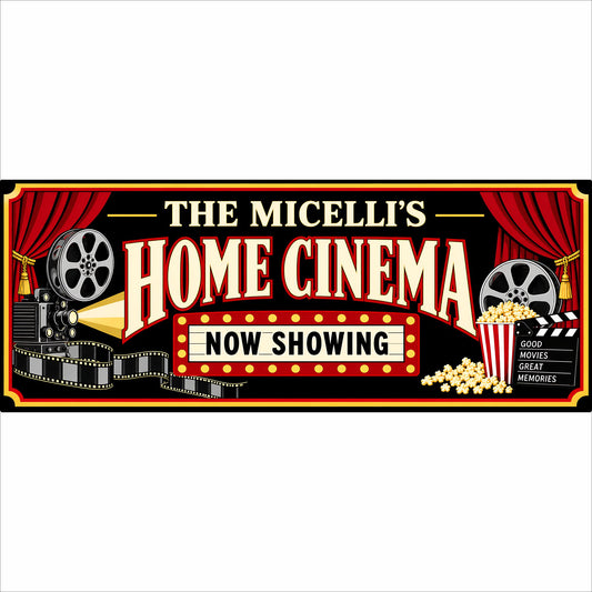 Personalized Home Cinema sign with red theater curtains, film reels, projector, popcorn and three customizable text lines.