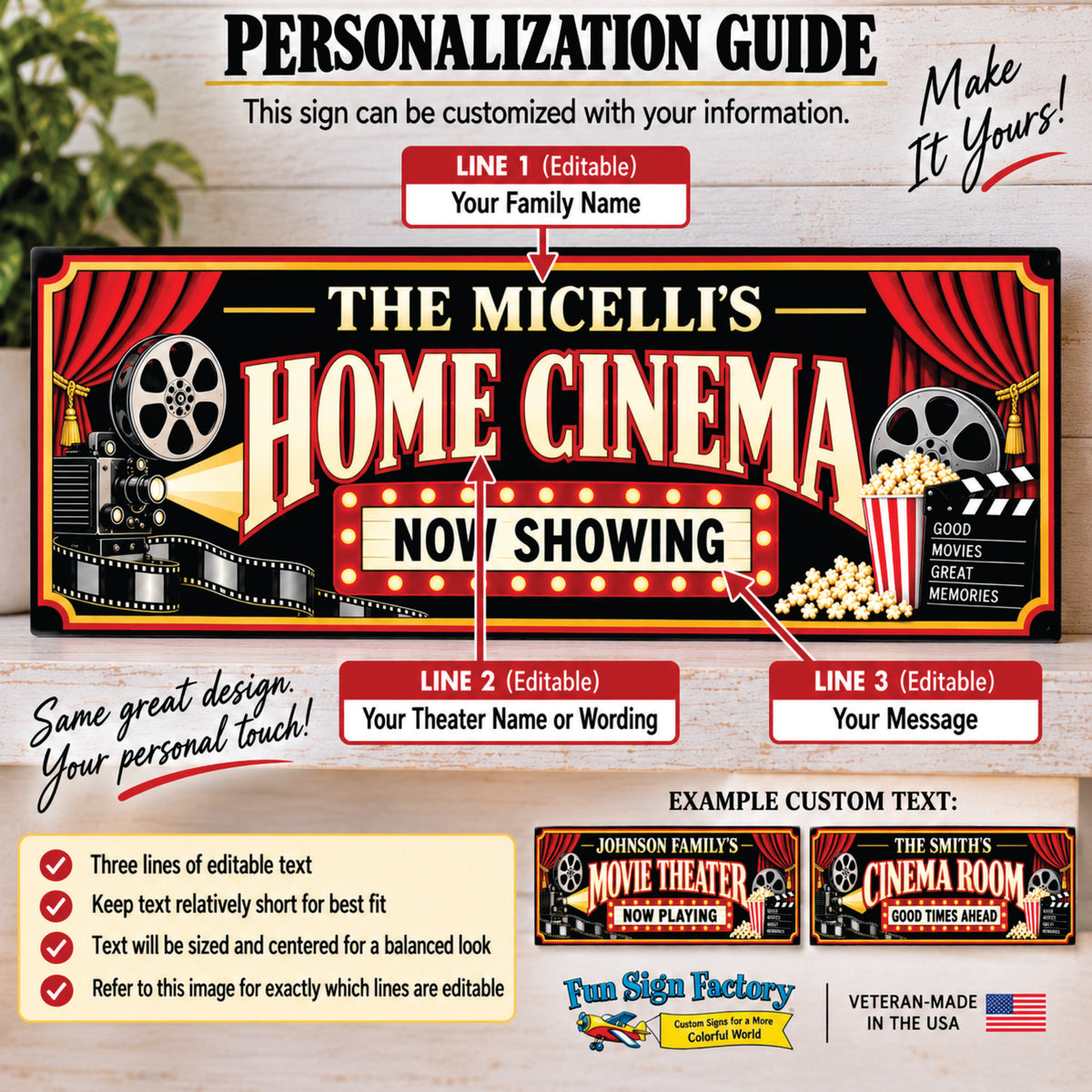 Personalization infographic showing three editable text lines for the family name, theater name and marquee message.
