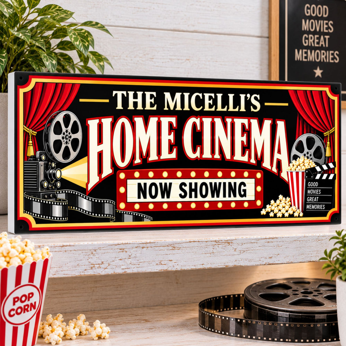 Personalized Home Cinema sign displayed on a bright shelf with movie-themed decor and popcorn.