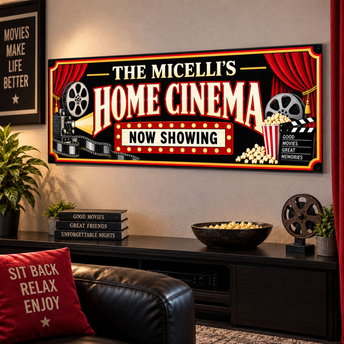 Custom Home Cinema sign mounted in a dedicated movie room above home theater furniture.