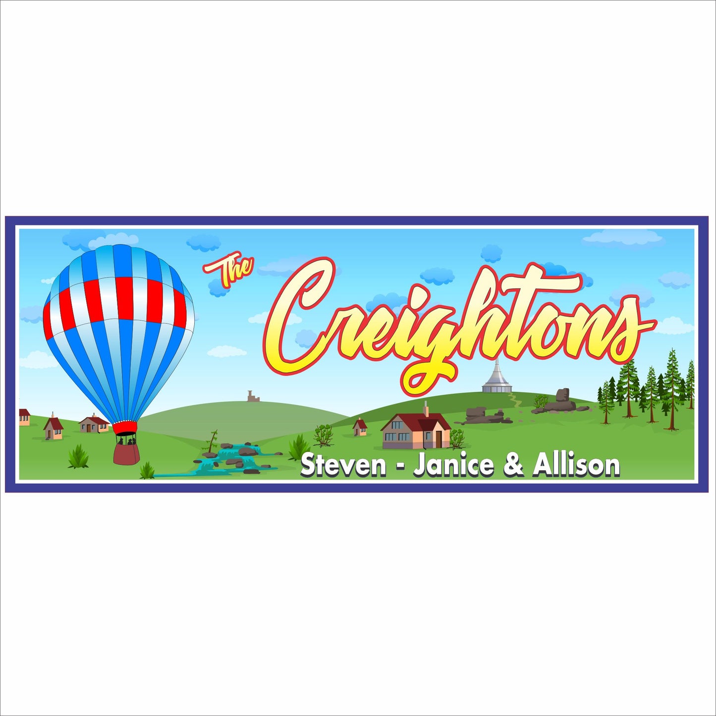 Personalized family name sign with hot air balloon and countryside landscape featuring custom names on a rectangular wall sign