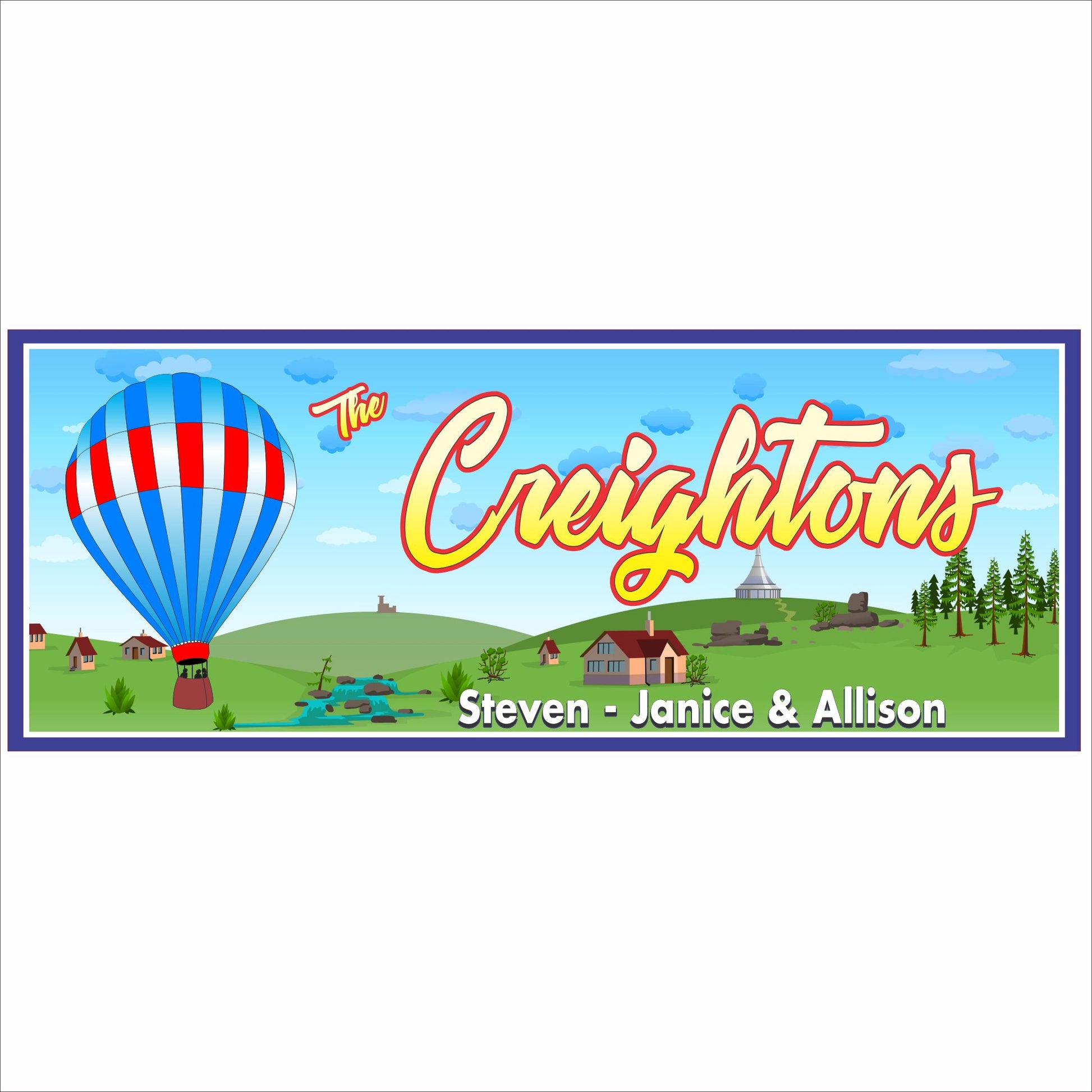 Personalized family name sign with hot air balloon and countryside landscape featuring custom names on a rectangular wall sign