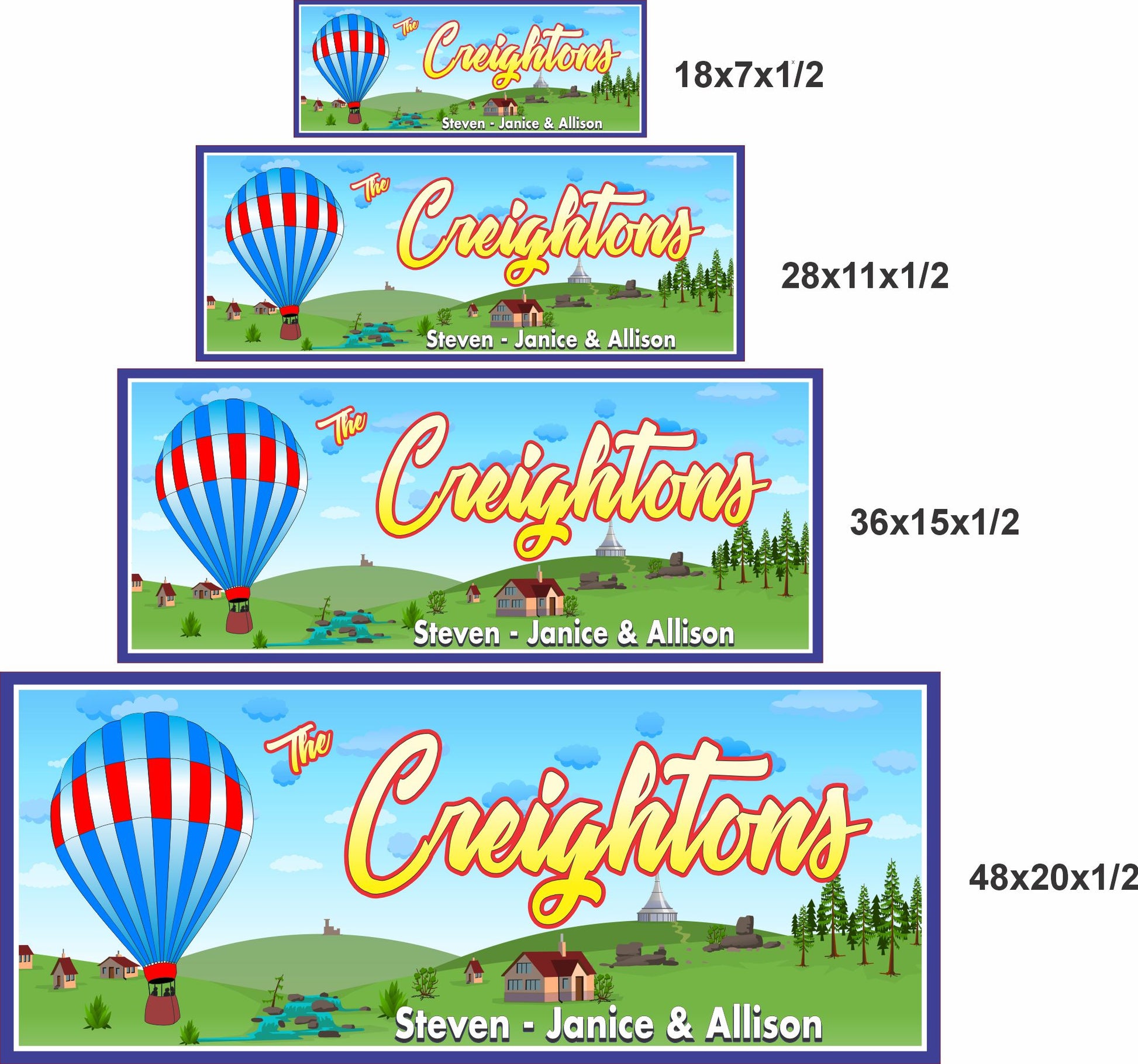 Personalized hot air balloon family name sign shown in 18x7, 28x11, 36x15, and 48x20 inch size options