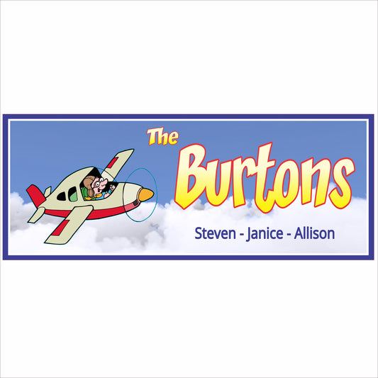 Personalized family airplane sign with custom names and cartoon aviation design