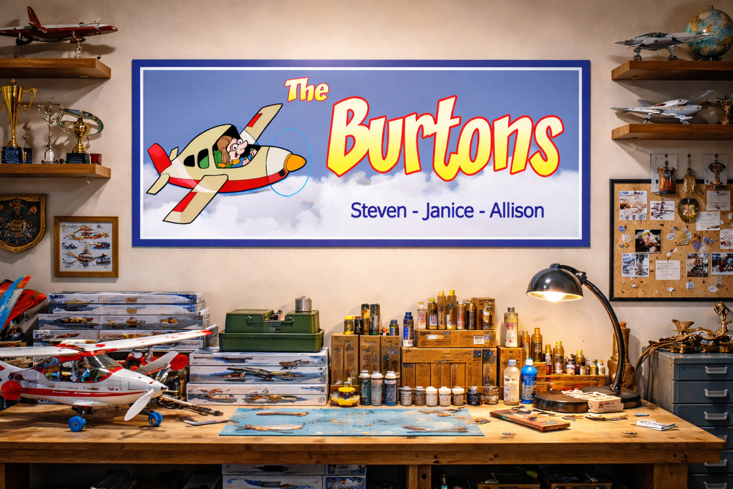 Custom airplane family sign displayed in a kids room or hobby room