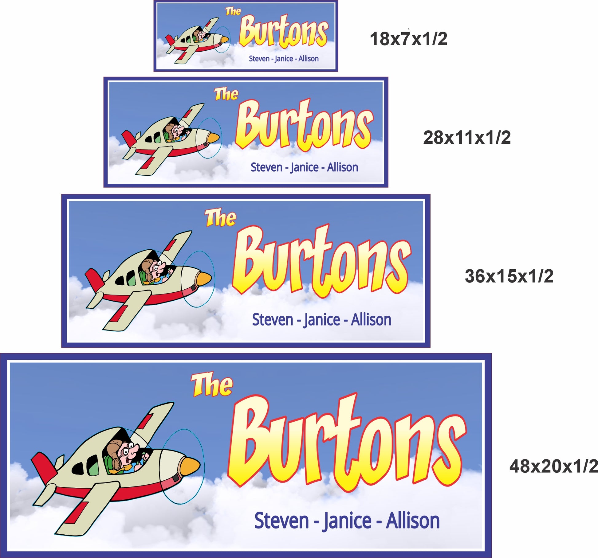 Personalized aviation wall sign shown in four available size options
