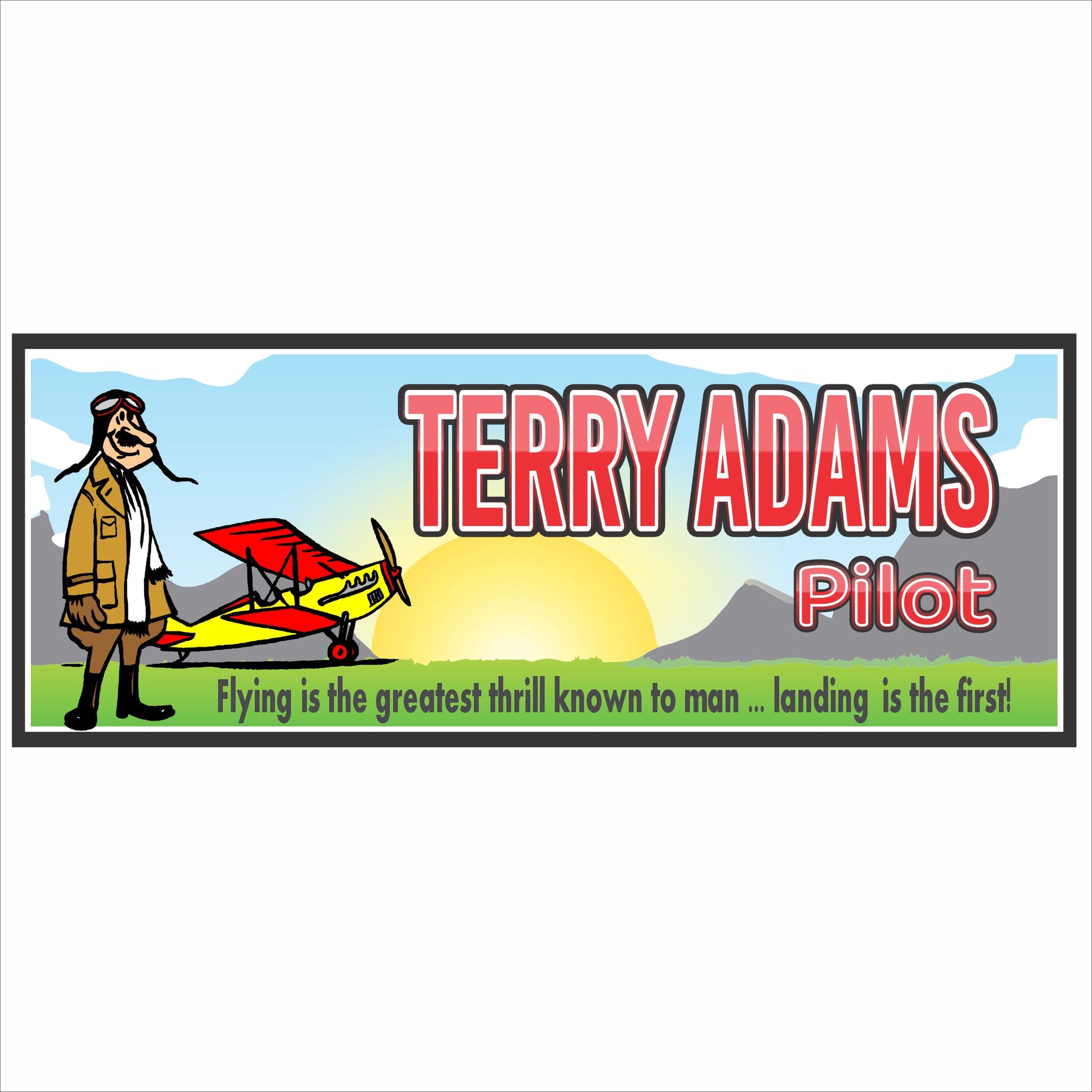 Personalized pilot sign with vintage airplane illustration, custom name, and aviation theme on white background