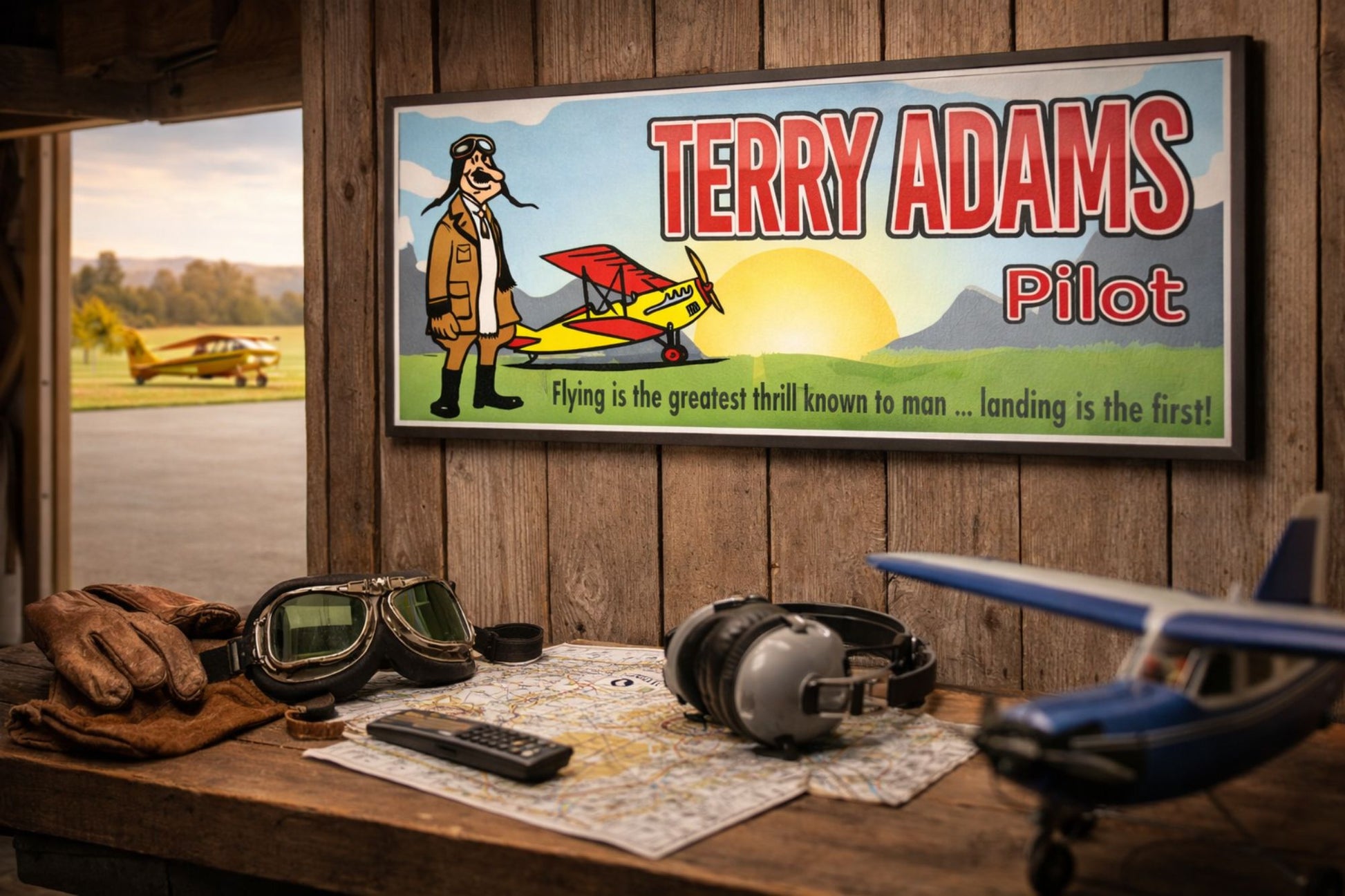 Personalized pilot name sign mounted on a rustic wood hangar wall with vintage aviation decor, featuring a cartoon aviator, biplane, and sunset background