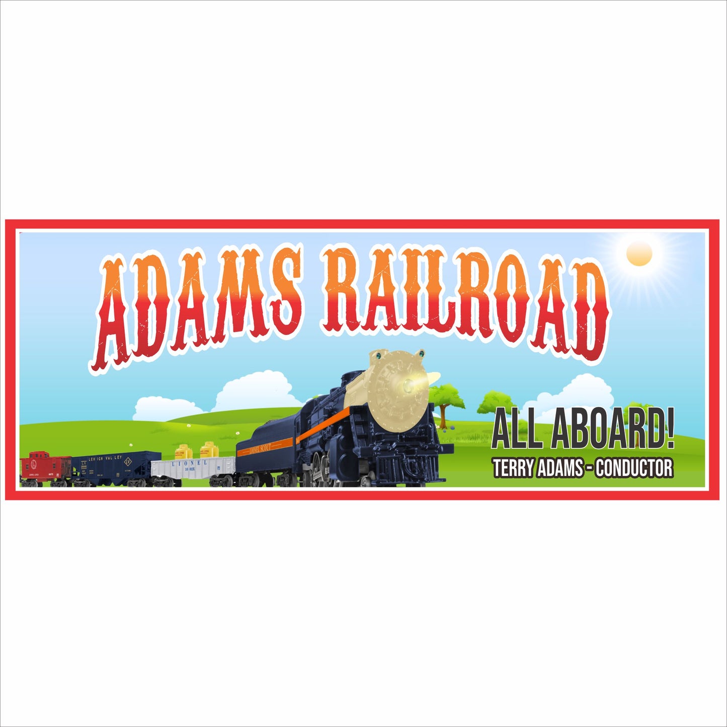 Personalized train themed wall sign with vintage steam locomotive railroad transportation decor