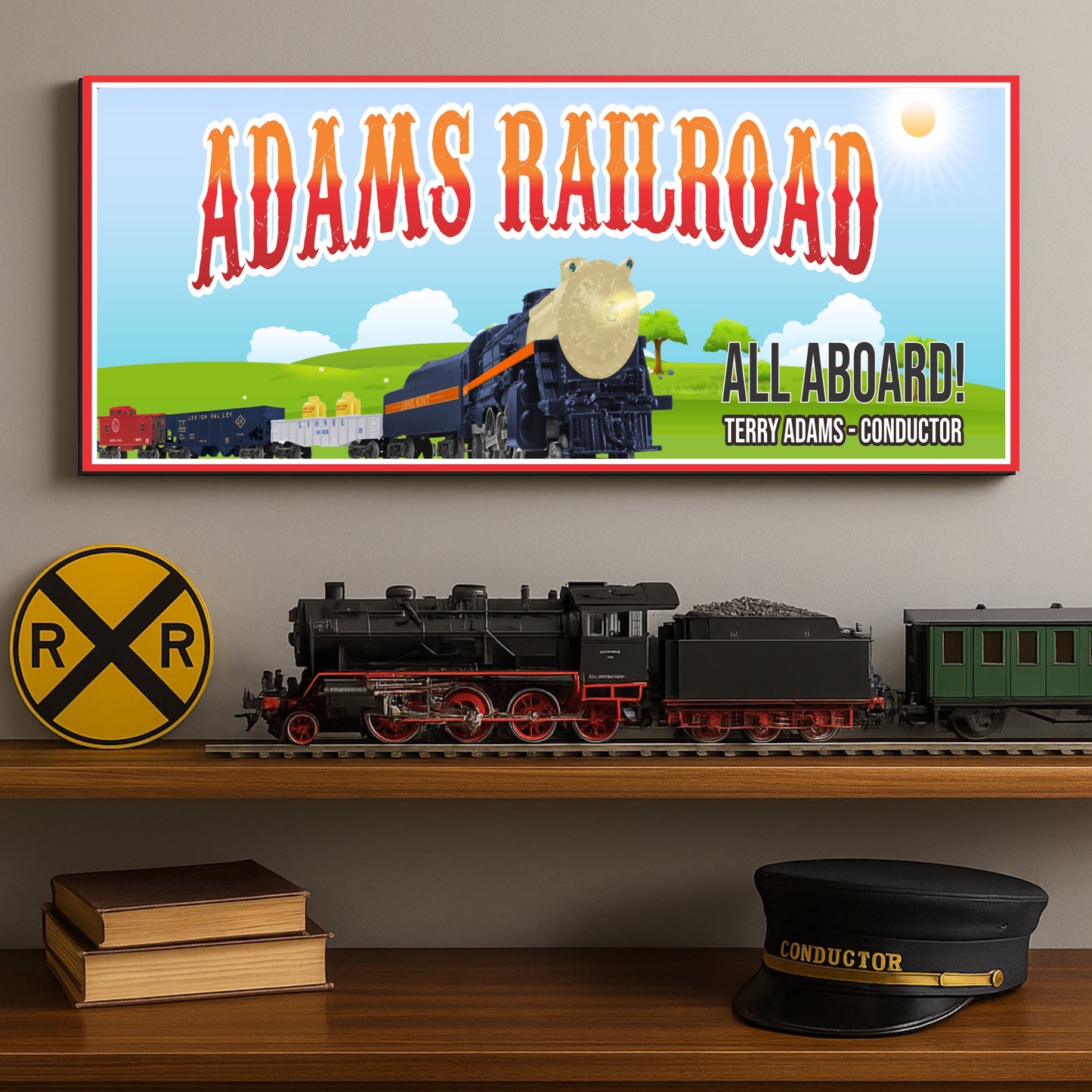 Personalized railroad wall sign displayed on shelf with model train transportation themed decor