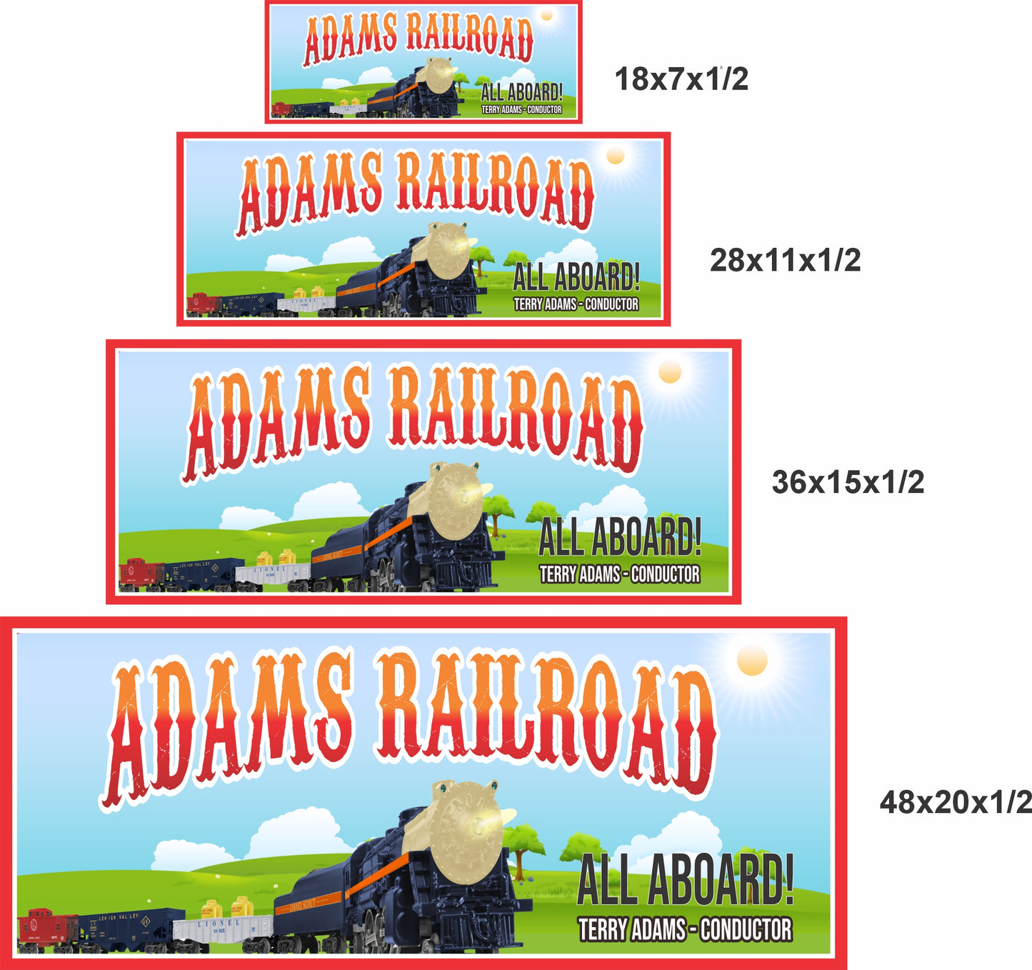 Personalized train wall sign size comparison showing multiple railroad themed sign options