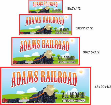 Personalized train wall sign size comparison showing multiple railroad themed sign options