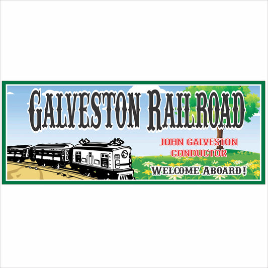 Personalized railroad train sign with vintage locomotive, scenic countryside artwork, and conductor name printed on rigid PVC.