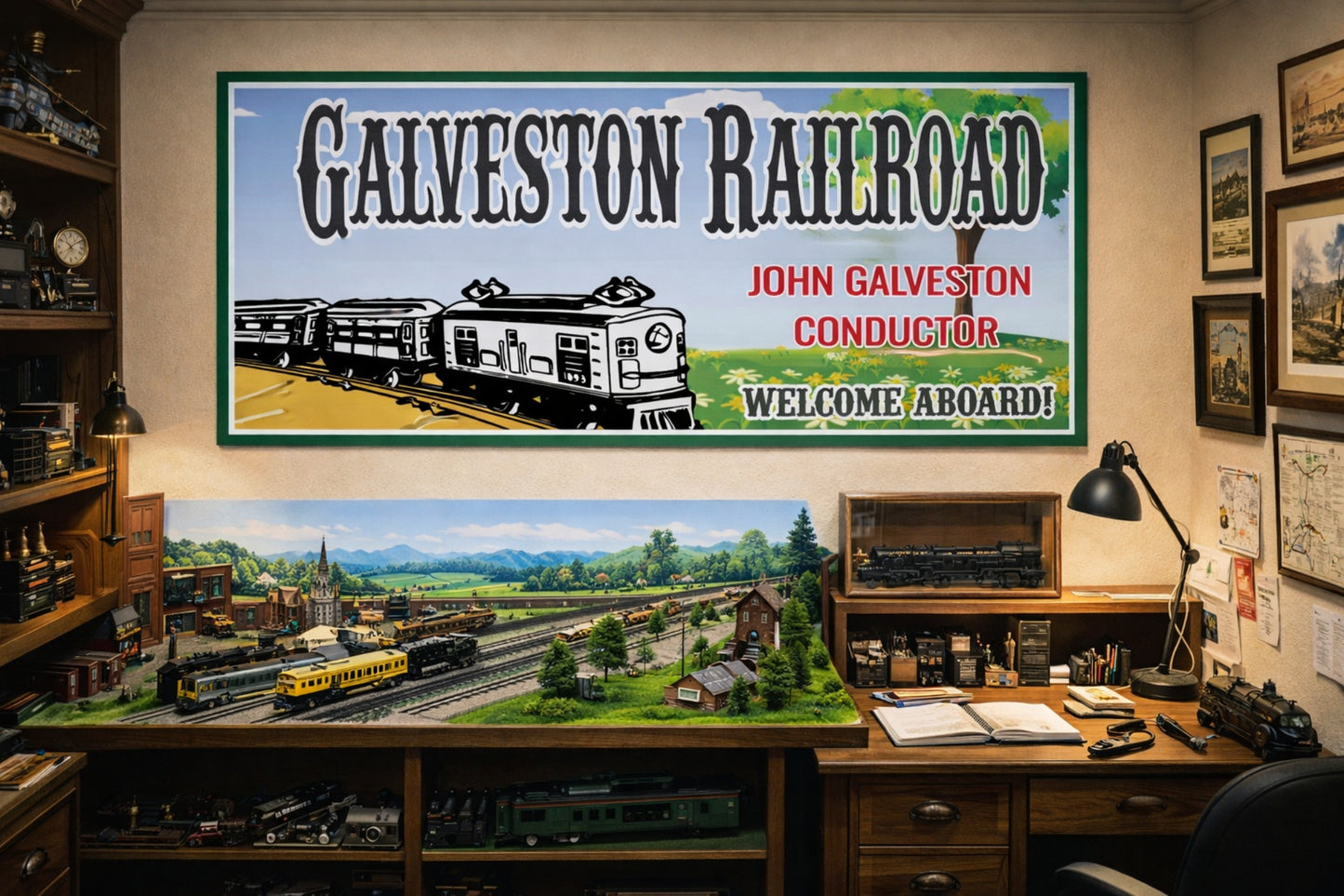 Railroad train sign displayed in a hobby room with model train layout and vintage décor.