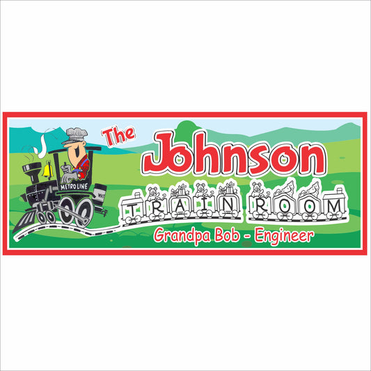 Personalized train room sign with steam locomotive illustration and customizable family name