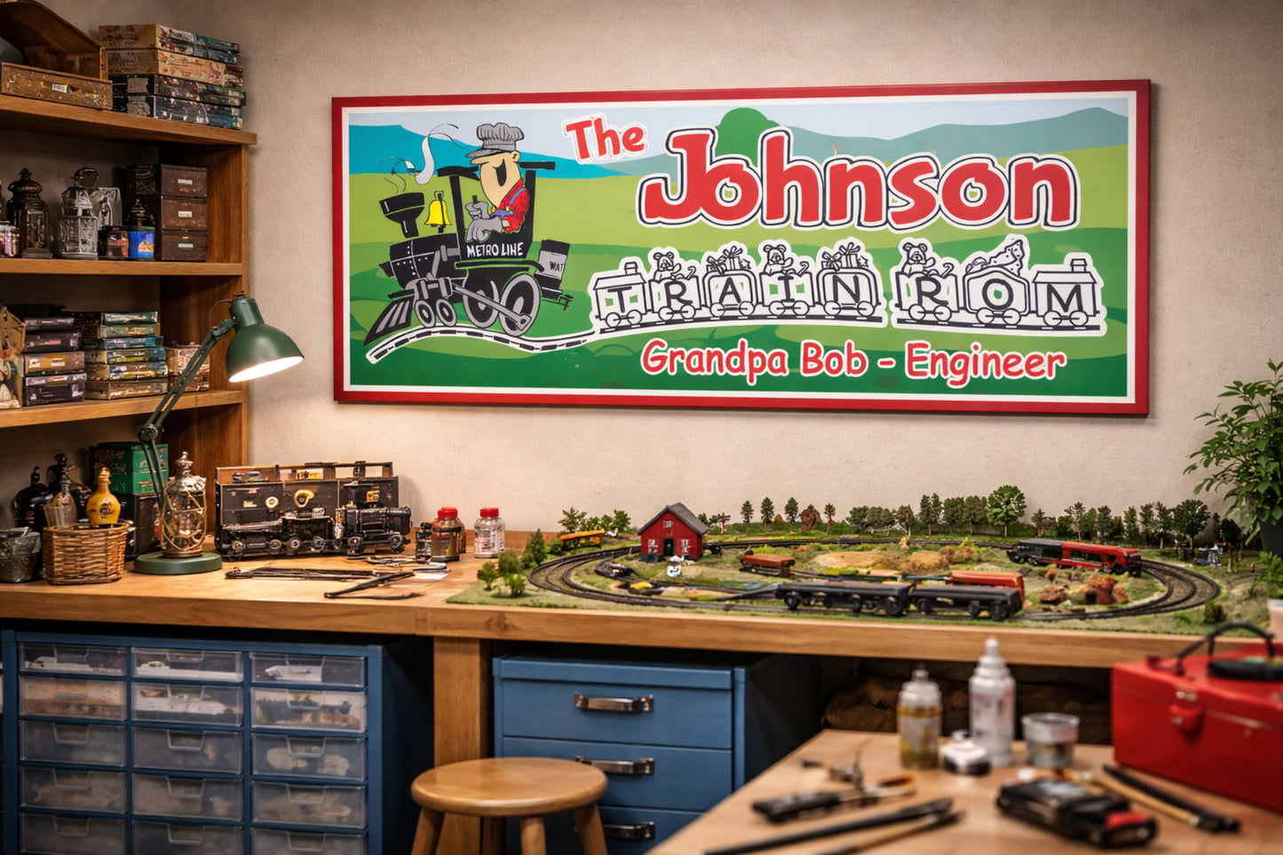 Personalized railroad sign displayed on a wall in a train hobby room