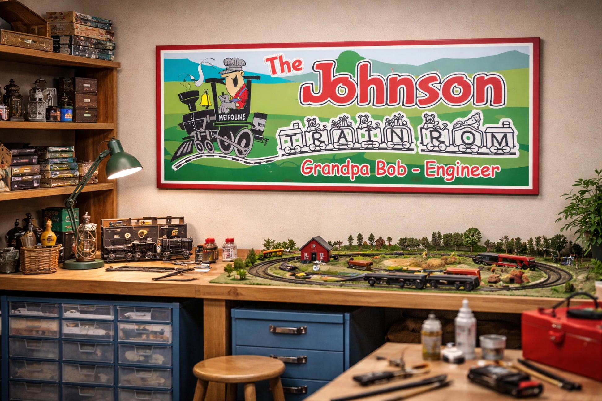 Personalized railroad sign displayed on a wall in a train hobby room